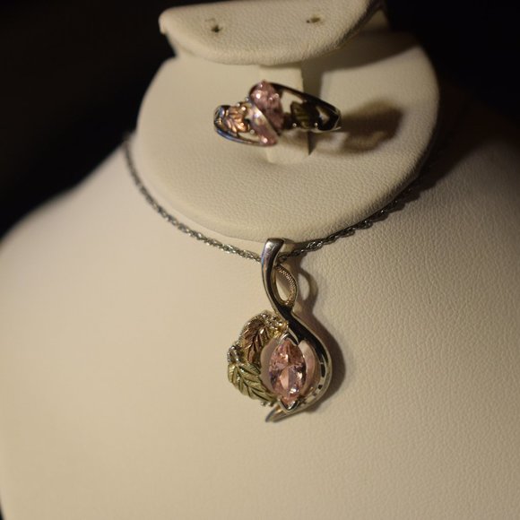 Vintage Sterling 12k. Black Hills Gold Pink CZ Necklace and Ring. Size 7 - Picture 4 of 14